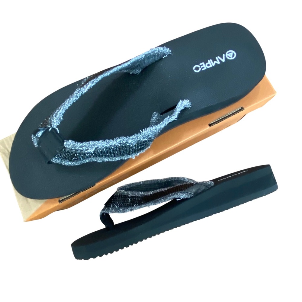 Ampeo Womens Black Platform Flip Flops Sequin Frayed Denim Thong‎ Sandals Size 9